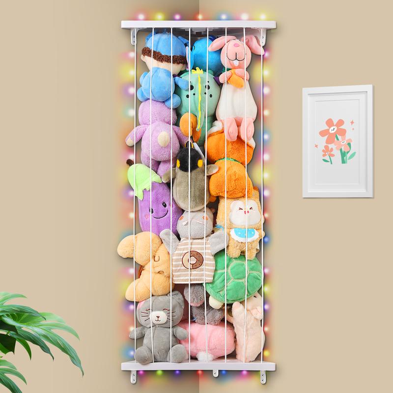 Stuffed Animals Storage with LED Light Corner Toy Storage Organizer Wood Stuffed Animals Hammock Length Adjustable Stuffed Animals Holder for Nursery Kids Playroom Bedroom, Rainbow