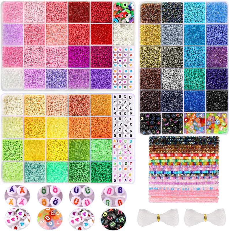 Funtopia 36600 Counts Glass Beads for Jewelry Making beaded embroidery, 60 Colors 36600 Counts+ Small Seed Beads for Bracelets Making, 2mm Tiny Beads with 3 Storage Box, Letter Beads & Evil Eye Beads, DIY Art Craft Kit for Girls Women