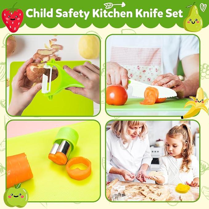 13 17 28 Counts Montessori Cooking Set:Safe Culinary Tools For Kids,Foster Skills And Fun,Baking Toy Toddlers Wooden Knives With Cutting Board Fruit Vegetable Crinkle Cutter y Peeler Sandwich Cutters,Realistic Play Food Set,Pretend Play Sets for Girls