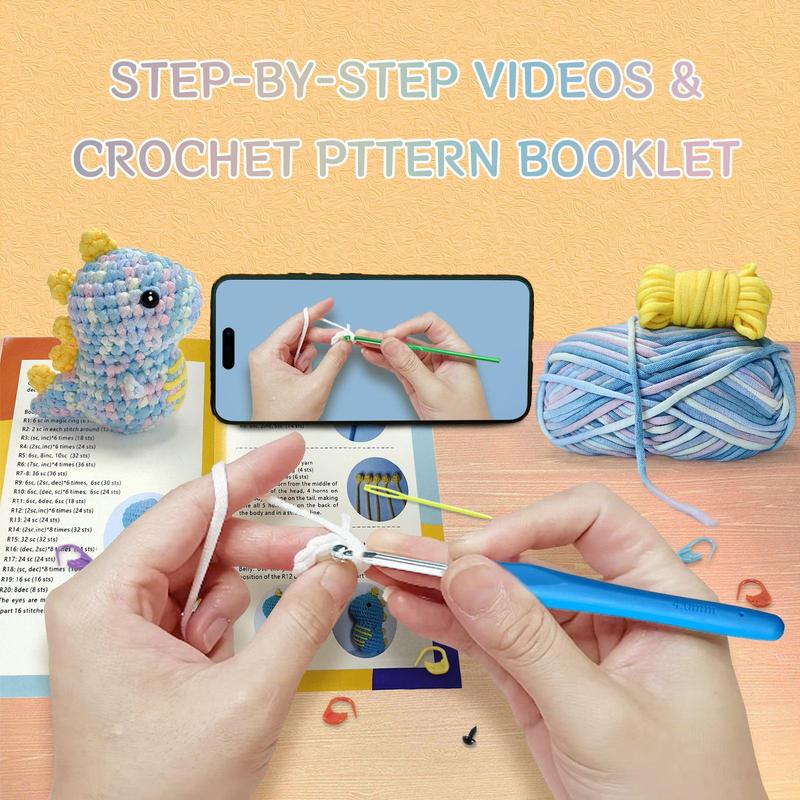 Dinosaur Design Crochet Kit for Beginners, 1 Set DIY Cute Cartoon Handmade Knitting Set with Step-by-step English Video Tutorial for Adults & Beginners