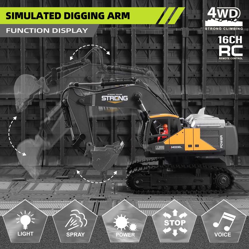 16-channel Remote Control Excavator Toy with Simulation Spray, Engineering Vehicle Toy with Light & Sound Effect, Outdoor & Indoor Engineering Task Toy