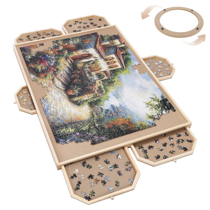 1500 Pieces Wooden Jigsaw Folding Puzzle Baord, Puzzle Table with Legs and Protective Cover, 35'' × 27'' Jigsaw Puzzle Board with 6 Drawers & Cover, Portable Puzzle Tables for Adult