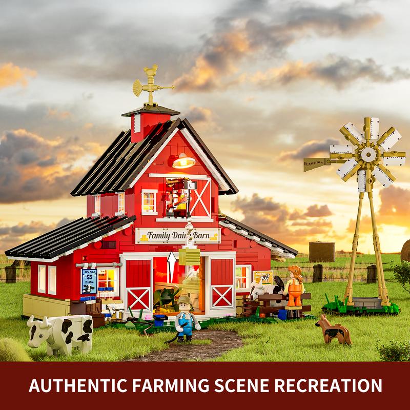 Funwhole Farm Cow-Barn Lighting Building-Bricks Set - 1368 Pcs-Farm Life Cow Barn House Collection  LED Light Building Construction Set  -Farm Animals Collection Holiday Gift for Adults and Teen