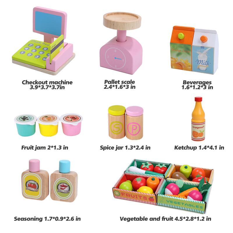 30PCS Wooden Fruit And Vegetable Stall Pretend Play Food Sets Toys Kitchen Accessories With Cash Register And Weighing Scale