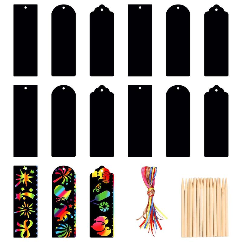 DIY Scratch Bookmark Kit, 1 Set Scratch Drawing Bookmarks for DIY, Including 24pcs Card, 24pcs Bamboo Stick & 24pcs Ribbon, Scratch Art Supplies