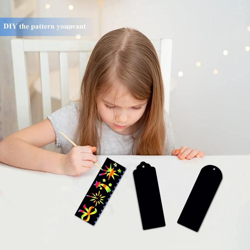 DIY Scratch Bookmark Kit, 1 Set Scratch Drawing Bookmarks for DIY, Including 24pcs Card, 24pcs Bamboo Stick & 24pcs Ribbon, Scratch Art Supplies