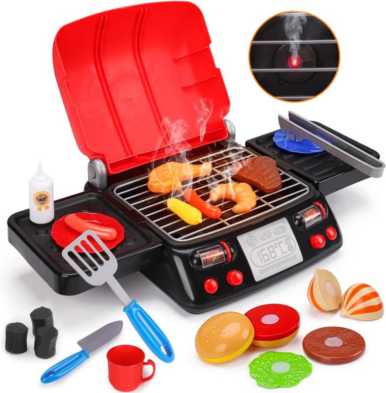 Kids Play Food Grill with Pretend Smoke Sound Light Kitchen Playset BBQ Accessories Camping Cooking Set Barbecue Toddler Girl Boy Toy Birthday Kid Outdoor Toy Gift Idea