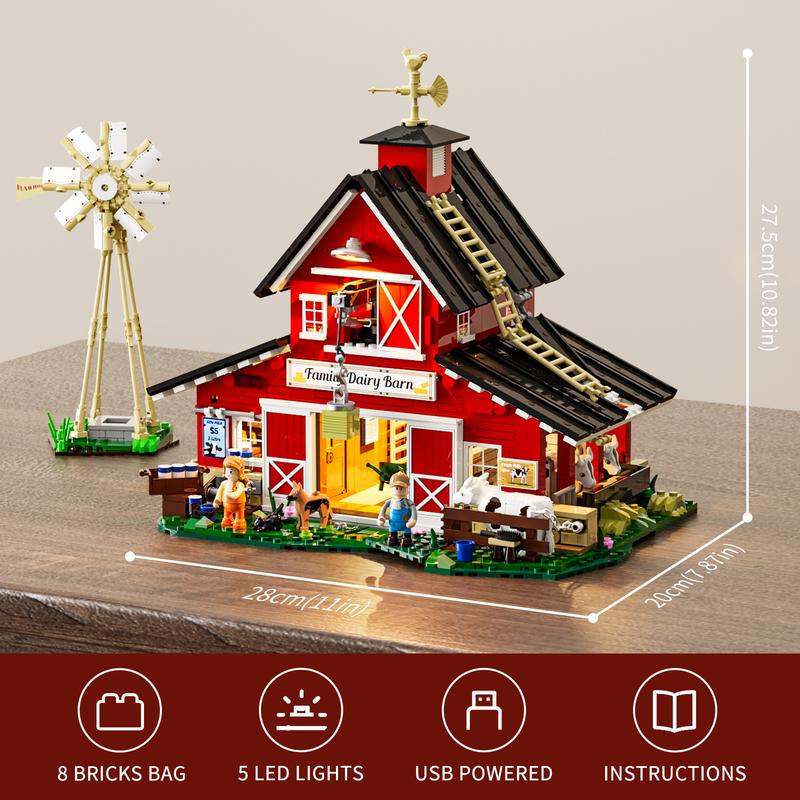 Funwhole Farm Cow-Barn Lighting Building-Bricks Set - 1368 Pcs-Farm Life Cow Barn House Collection  LED Light Building Construction Set  -Farm Animals Collection Holiday Gift for Adults and Teen