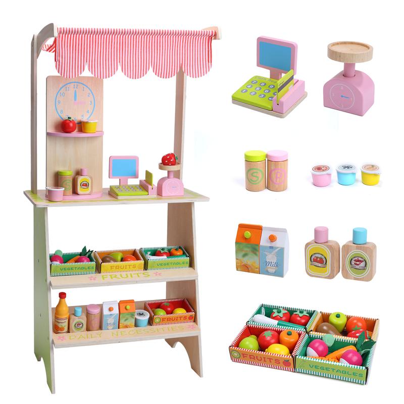 30PCS Wooden Fruit And Vegetable Stall Pretend Play Food Sets Toys Kitchen Accessories With Cash Register And Weighing Scale