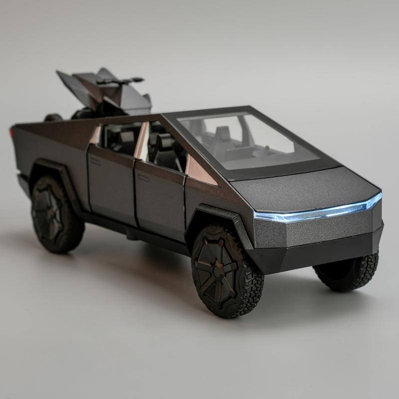 1:32 scale Tesla alloy pickup Cybertruck, toy model with music lights, friction pull back car, collectible for car enthusiasts