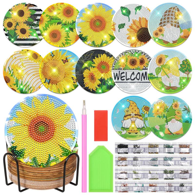 12 Pieces Sunflower Diamond Art Painting Coasters Kit with Holder,  Diamond Art Coasters, DIY Diamond Art Crafts Projects, Diamond Dot Kits for Adults and Beginners Sunflower