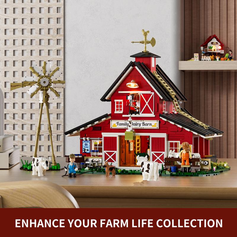 Funwhole Farm Cow-Barn Lighting Building-Bricks Set - 1368 Pcs-Farm Life Cow Barn House Collection  LED Light Building Construction Set  -Farm Animals Collection Holiday Gift for Adults and Teen