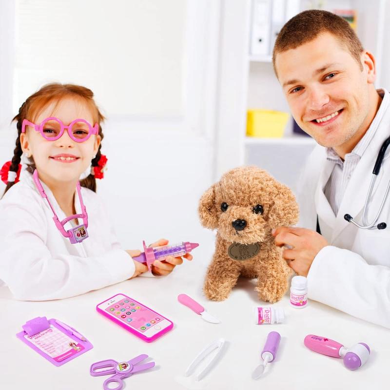 Toy Doctor Kit for Girls - Pretend Play Doctor Set with Dog Toy, Carrying Bag, Stethoscope Toy & Dress Up Costume - Doctor Play Gift for Kids Ages 3 4 5 6 Year Old for Role Play