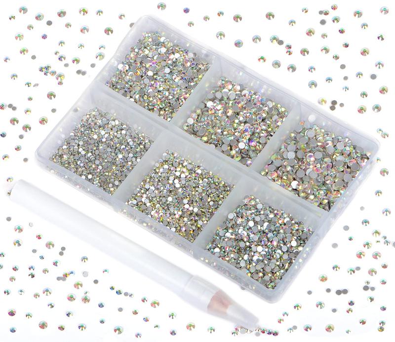 7200 Pieces 6 Mixed Sizes Glue Fix on Glass Rhinestones Round Crystal Gems Flatback for DIY Jewelry Making with one Picking Pen (6-Sizes 7200PCS, Crystal AB)