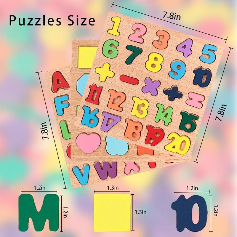 Wooden Puzzles for Toddlers, 3pack Alphabet Shape Puzzles for Kids 3 Wooden Montessori Toddler Puzzles Wooden Alphabet Number Shape Puzzles for Kids 3 Years Old Boys & Girls