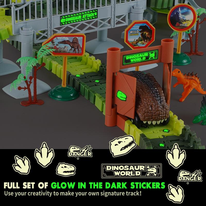 215 Pcs Dinosaur Jurassic Race Track Train Glow In The Dark Playset Toys for Kids - Perfect for Christmas Gifts