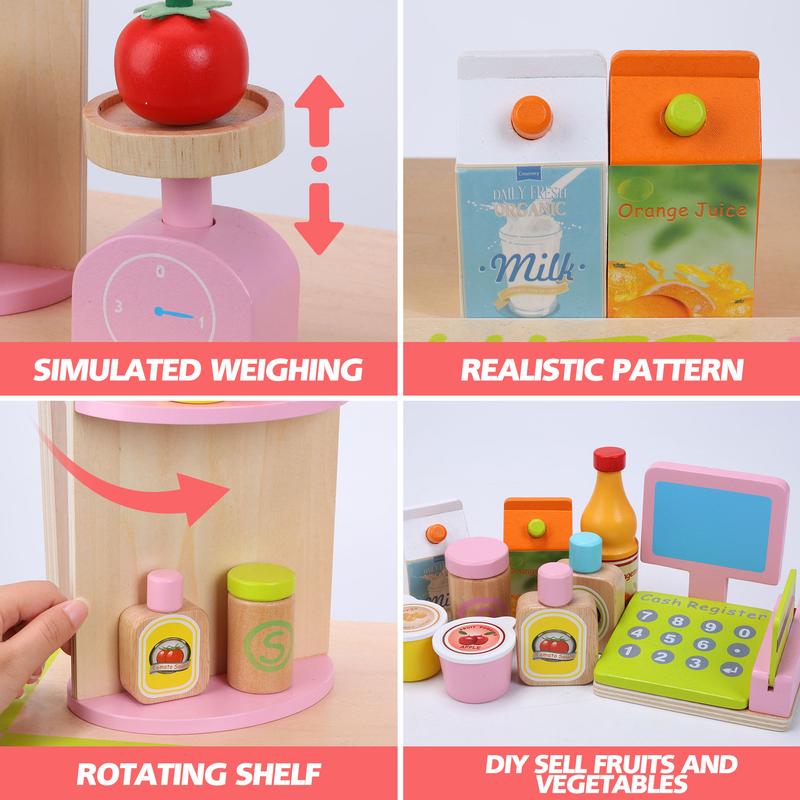 30PCS Wooden Fruit And Vegetable Stall Pretend Play Food Sets Toys Kitchen Accessories With Cash Register And Weighing Scale