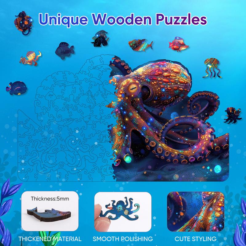 Fantacy Octopus Mys Aurora Wooden Jigsaw Puzzle for Kids and Adults 200 Pcs Unique Shape Nice Box Packing Fun Challenging Brain Exercise Family Game Creative Gift for Friends Parents Grandparents Multicoloured