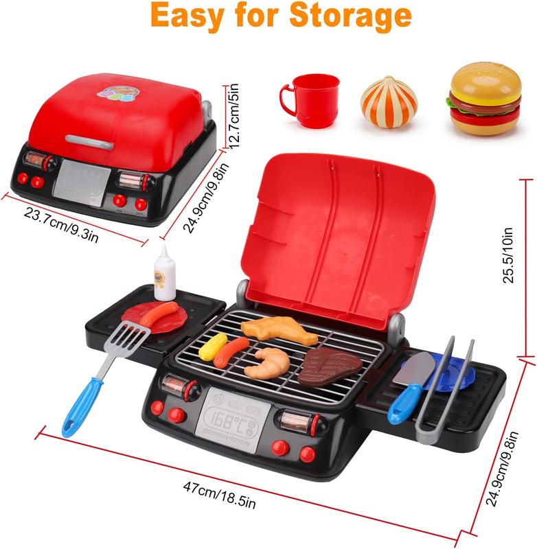 Kids Play Food Grill with Pretend Smoke Sound Light Kitchen Playset BBQ Accessories Camping Cooking Set Barbecue Toddler Girl Boy Toy Birthday Kid Outdoor Toy Gift Idea