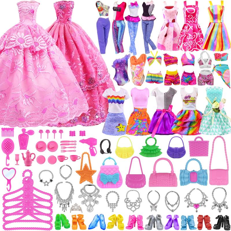 11.5 Inch Girl Doll Closet Wardrobe with Clothes and Accessories Set 101 Pcs Including Wardrobe Suitcase Clothes Dresses Swimsuits Shoes Hangers Necklace Bags and Other Stuff