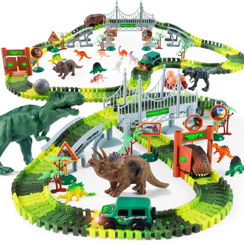 215 Pcs Dinosaur Jurassic Race Track Train Glow In The Dark Playset Toys for Kids - Perfect for Christmas Gifts