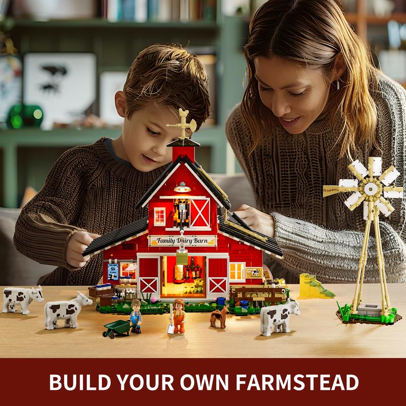 Funwhole Farm Cow-Barn Lighting Building-Bricks Set - 1368 Pcs-Farm Life Cow Barn House Collection  LED Light Building Construction Set  -Farm Animals Collection Holiday Gift for Adults and Teen