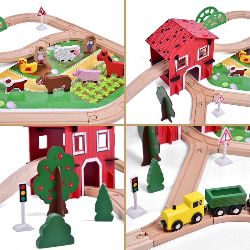 77PCS Wooden Train Set Magnetic Trains and Farm Railway Tracks for Kids Toddlers Toys Birthday Gifts