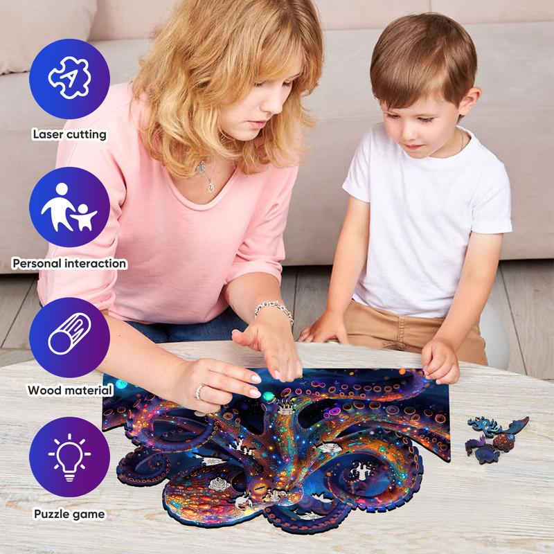 Fantacy Octopus Mys Aurora Wooden Jigsaw Puzzle for Kids and Adults 200 Pcs Unique Shape Nice Box Packing Fun Challenging Brain Exercise Family Game Creative Gift for Friends Parents Grandparents Multicoloured