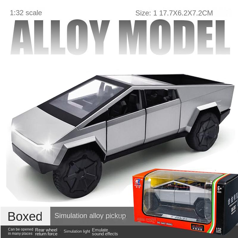 1:32 scale Tesla alloy pickup Cybertruck, toy model with music lights, friction pull back car, collectible for car enthusiasts