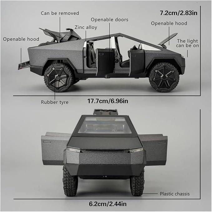 1:32 scale Tesla alloy pickup Cybertruck, toy model with music lights, friction pull back car, collectible for car enthusiasts