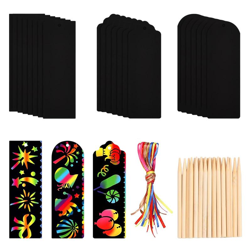 DIY Scratch Bookmark Kit, 1 Set Scratch Drawing Bookmarks for DIY, Including 24pcs Card, 24pcs Bamboo Stick & 24pcs Ribbon, Scratch Art Supplies