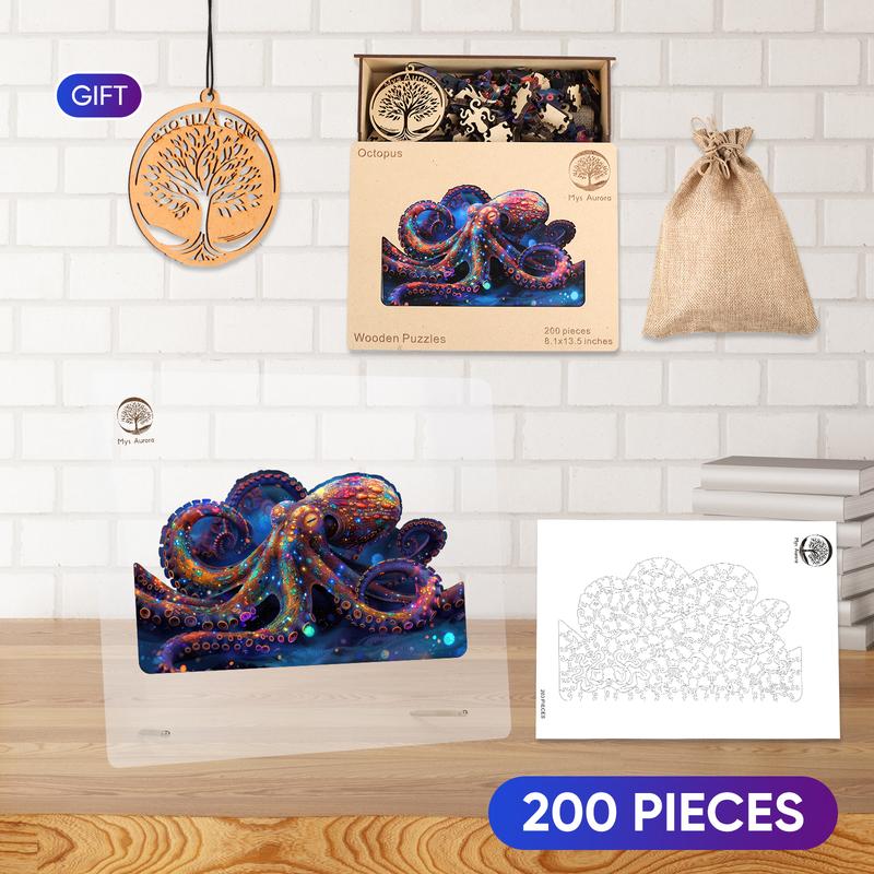 Fantacy Octopus Mys Aurora Wooden Jigsaw Puzzle for Kids and Adults 200 Pcs Unique Shape Nice Box Packing Fun Challenging Brain Exercise Family Game Creative Gift for Friends Parents Grandparents Multicoloured