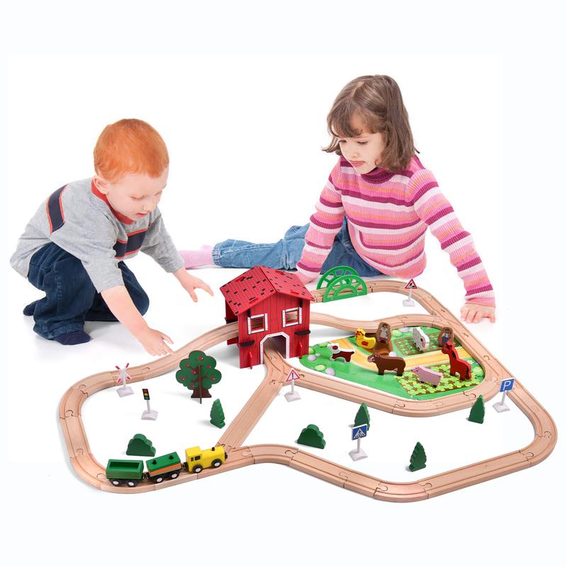 77PCS Wooden Train Set Magnetic Trains and Farm Railway Tracks for Kids Toddlers Toys Birthday Gifts