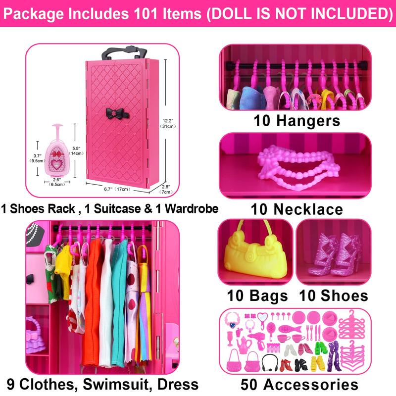 11.5 Inch Girl Doll Closet Wardrobe with Clothes and Accessories Set 101 Pcs Including Wardrobe Suitcase Clothes Dresses Swimsuits Shoes Hangers Necklace Bags and Other Stuff