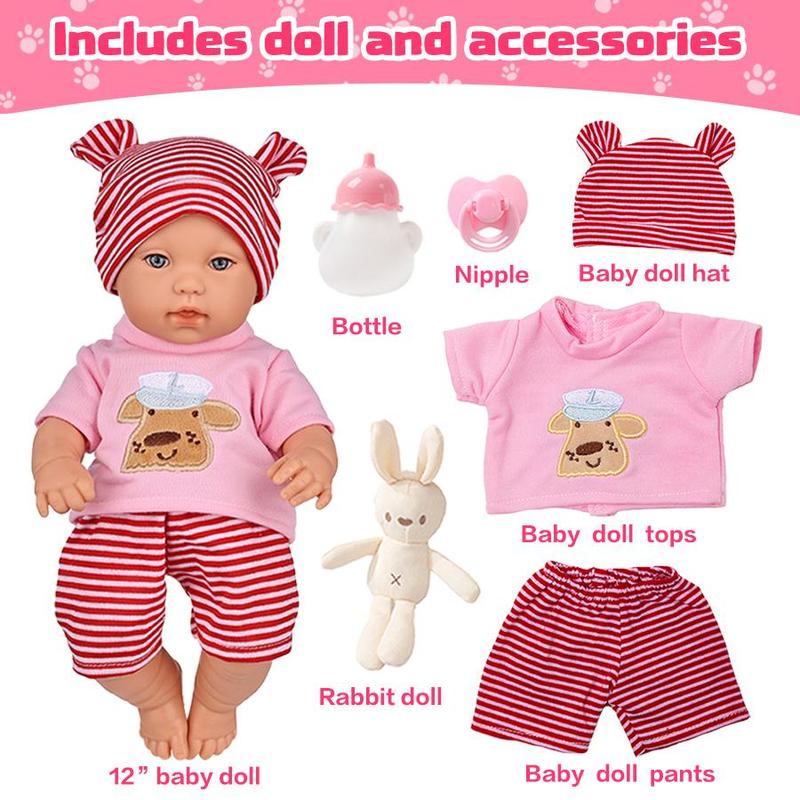 12 Inch Lifelike Newborn Teenager Doll, 1 Set Realistic Faux Doll with Clothes, Pacifier, Bottle, Rabbit Doll, Soft Squeezable Body, Festival Gifts