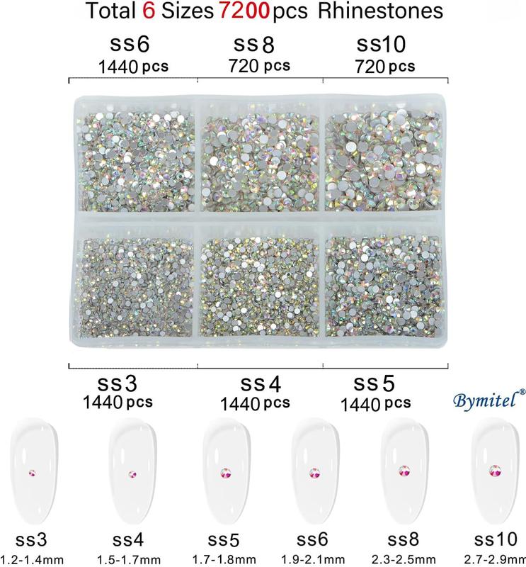 7200 Pieces 6 Mixed Sizes Glue Fix on Glass Rhinestones Round Crystal Gems Flatback for DIY Jewelry Making with one Picking Pen (6-Sizes 7200PCS, Crystal AB)