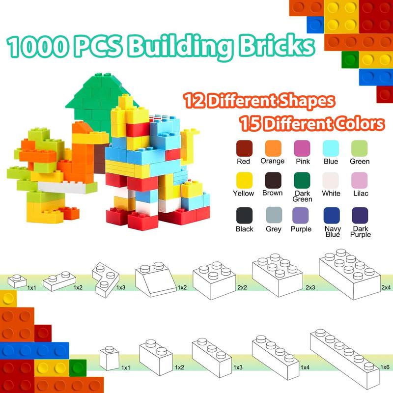 1000 count Classic Building Bricks in 15 Popular Colors and 12 Mixed Shapes, Creative Small Building Blocks Set Learning Educational Toy Gift for Kids, Compatible with All Major Brands