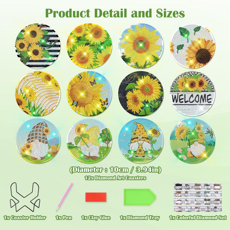 12 Pieces Sunflower Diamond Art Painting Coasters Kit with Holder,  Diamond Art Coasters, DIY Diamond Art Crafts Projects, Diamond Dot Kits for Adults and Beginners Sunflower