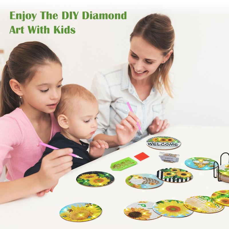 12 Pieces Sunflower Diamond Art Painting Coasters Kit with Holder,  Diamond Art Coasters, DIY Diamond Art Crafts Projects, Diamond Dot Kits for Adults and Beginners Sunflower