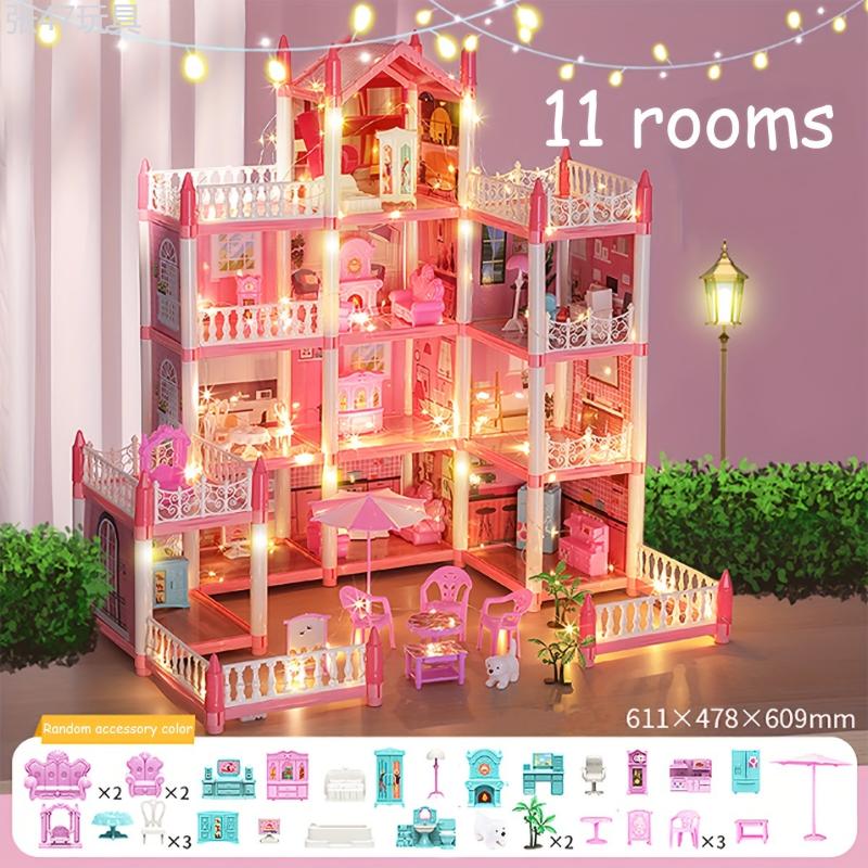 Doll House, Dollhouse For Girls Pretend-Play DIY Dollhouse Kit - 4-Story 11 Rooms Playhouse With 4 Dolls Toy Figures, Furniture And Accessories Set Gift Toy For Kids Ages 3 4 5 6 7 8+