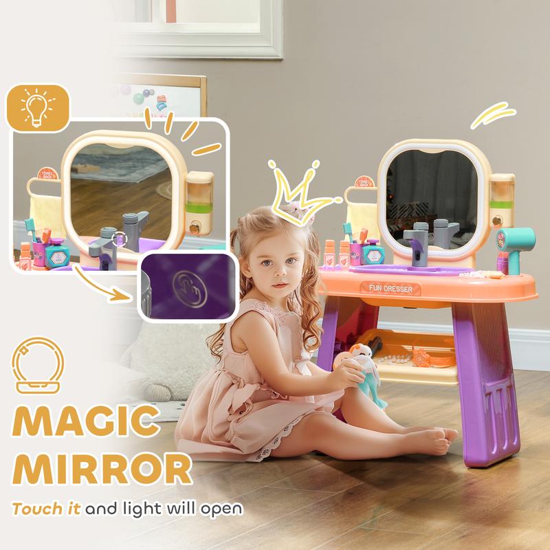 Qaba Kids Vanity Set with Self-Opening Magic Mirror, Princess Makeup Vanity Table Set with Music, Tabletop with Lights, Imaginative Toy for 3-6 Years Old Child