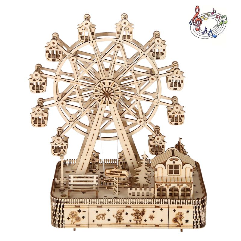 3D Puzzles for Adults, Old Sky Wheel with LED light Model Kits for Adults, Wooden Music Box,DIY Craft Kits