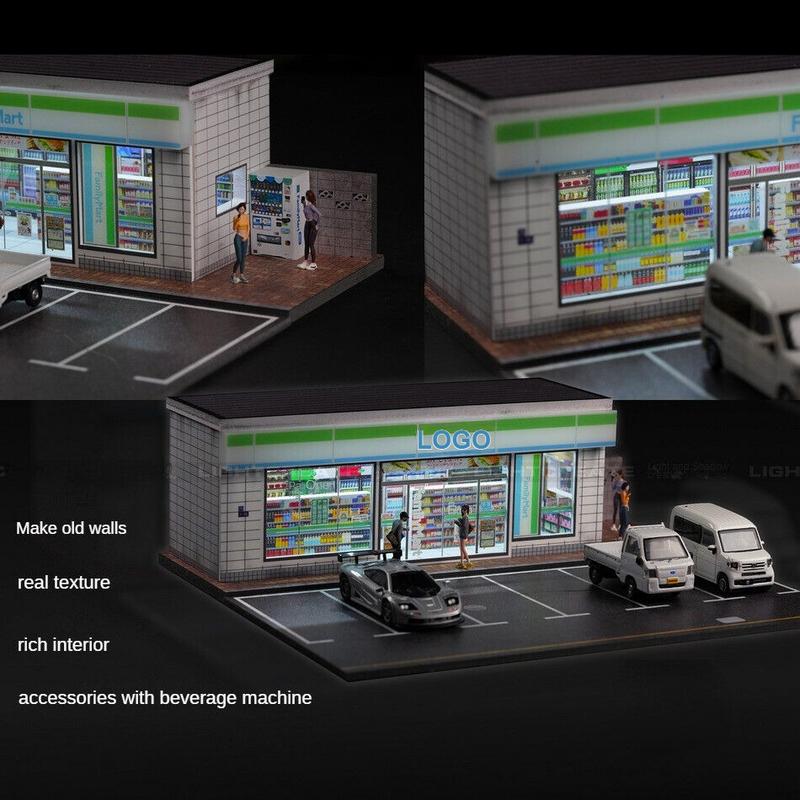 1 64 Scale Diorama Car Garage Model Hot Wheel LED Lighting City Convenience Store Building Model Car Parking Lot Scene Display Model Collection Gift