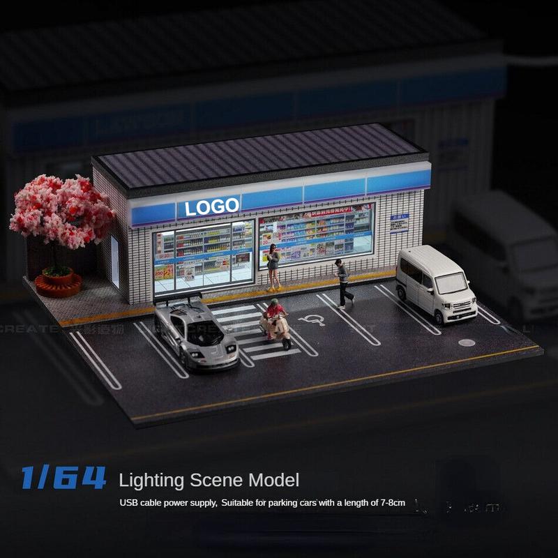 1 64 Scale Diorama Car Garage Model Hot Wheel LED Lighting City Convenience Store Building Model Car Parking Lot Scene Display Model Collection Gift