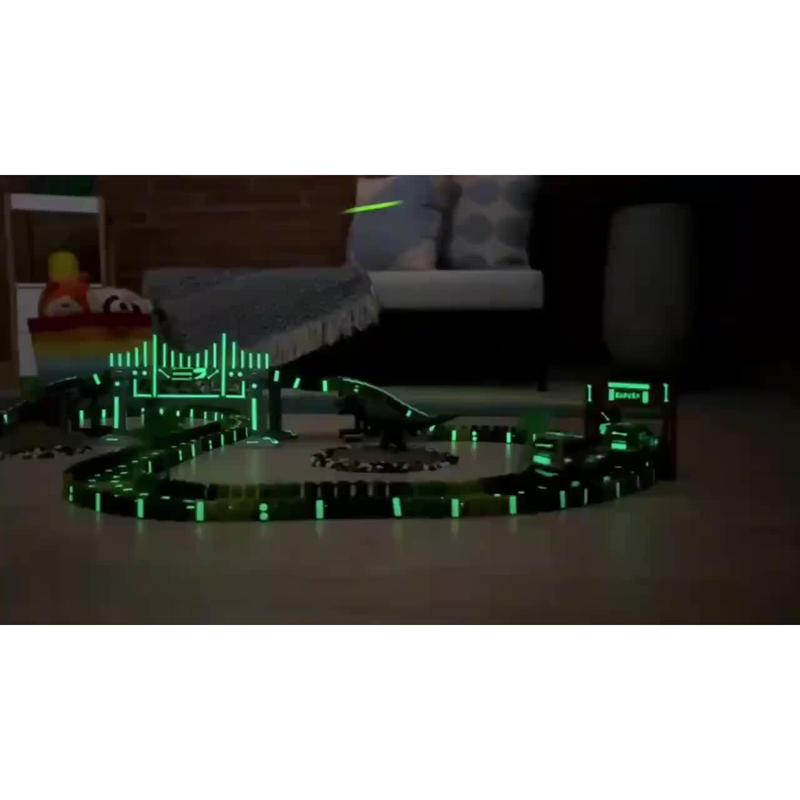 Dinosaur Toys Race Car Track with Glow-in-the-Dark Stickers Vehicle Playsets, 215 PCS Road Toys for Boys, Best Gift