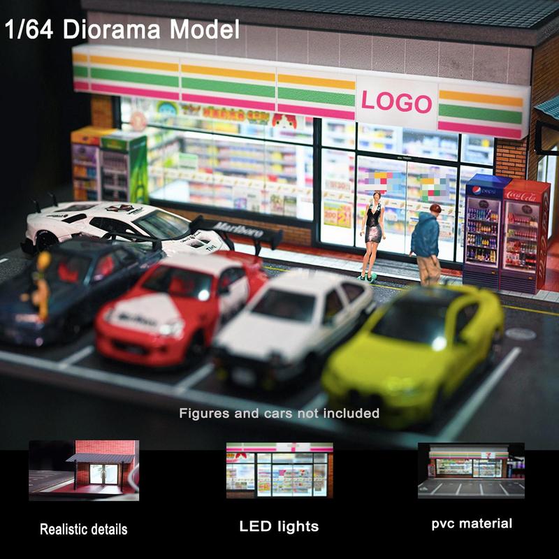 1 64 Scale Diorama Car Garage Model Hot Wheel LED Lighting City Convenience Store Building Model Car Parking Lot Scene Display Model Collection Gift