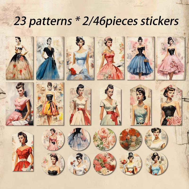 Vintage Girl Theme Journal Paper Set, 58pcs set Including 46pcs Sticker & 12pcs Scrapbook Paper, DIY Scrapbooking & Journal Making Supplies