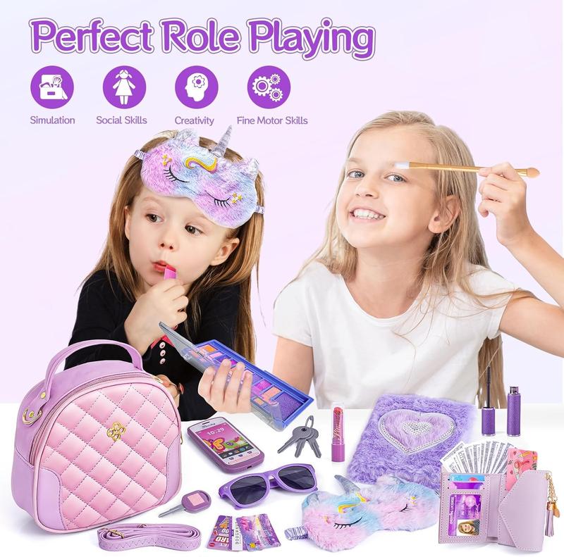 Christmas Little Girl Purse with Accessories, My First Purse Set - Play Makeup Diary Eye Mask Wallet Toy Phone Keys Sunglasses Credit Cards Kids, Princess Pretend Play Toy for Girl Age 3+