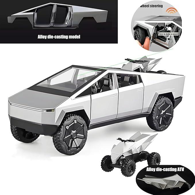 alloy car model Tesla Cybertruck 1:32 scale zinc alloy pickup model toy car ornament with a small motocross bike, the Cyberquad