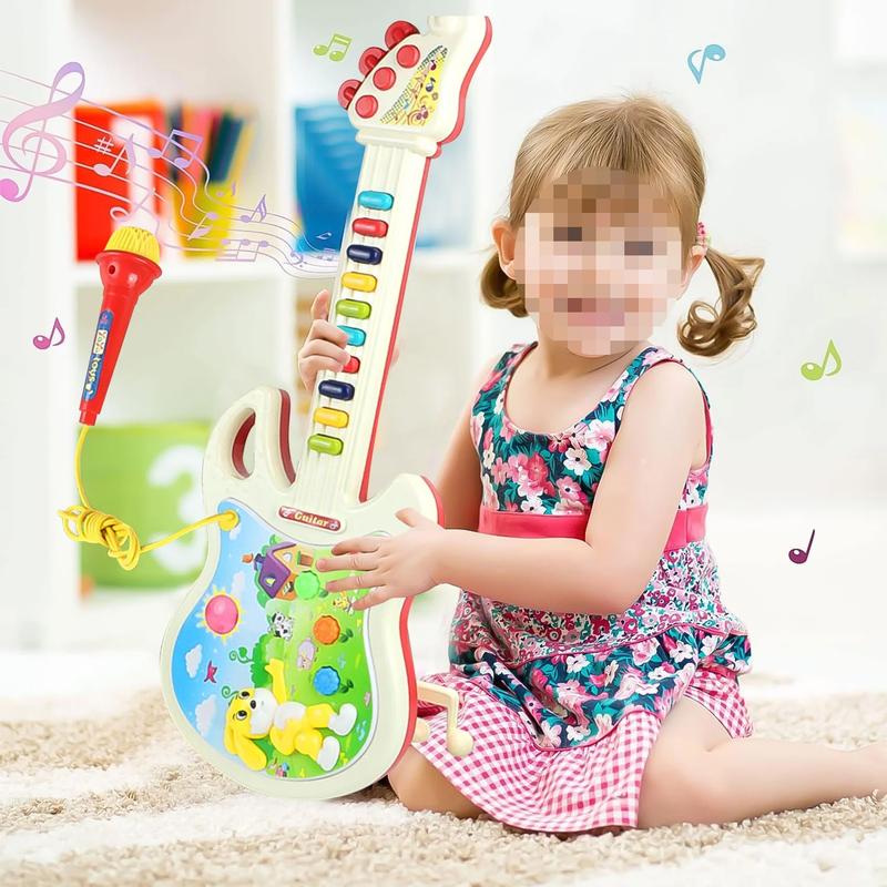 Guitar and Microphone Toys for Kids, Pretend Play Musical Instruments Educational Toys for Girls Boys, Colorful Light and Sound Gifts